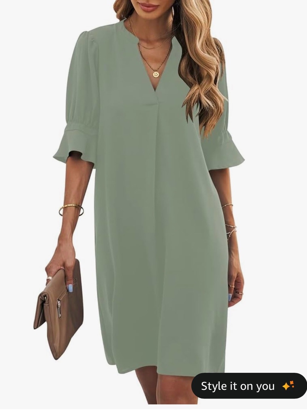 V-Neck Sage Green Midi Dress with Ruffle Sleeves